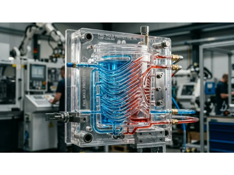 A 3D transparent schematic view of a pail mold showing complex internal blue and red cooling channels (conformal cooling) wrapped around the cavity.