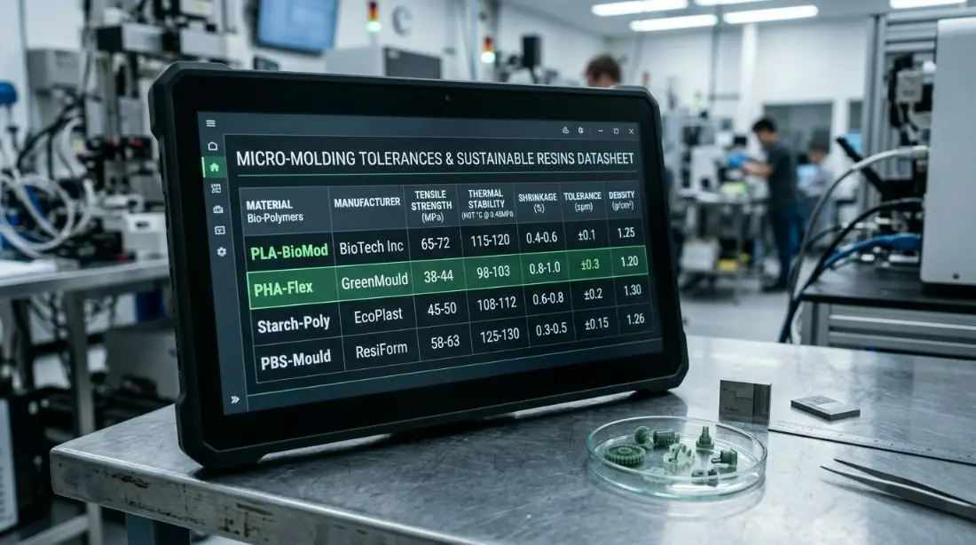A detailed technical table or dashboard showing micro-molding tolerances and mechanical properties of sustainable resins.